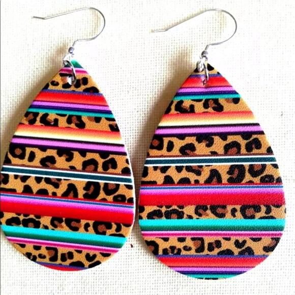 Leopard Neon Serape Boho Vegan Leather Teardrop Dangle Earrings - Picture 1 of 1